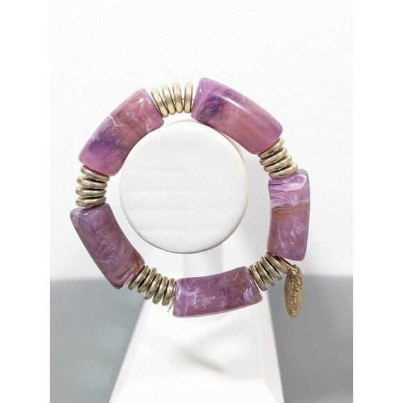 Plunder Purple Gold Tone Chunky Acrylic Bead Stretch Bangle Bracelet Boho 7 in - Picture 1 of 8